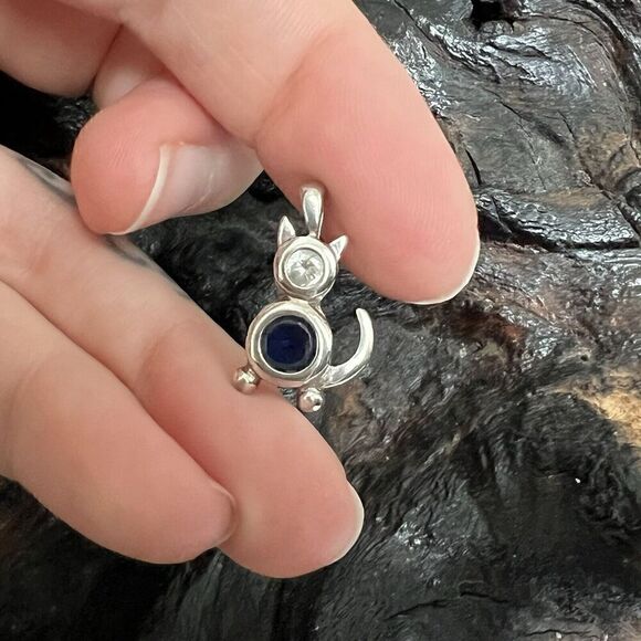 Cat Sterling Silver Charm Kitty Lover September Birthstone Clear Blue Rhinestone - Picture 2 of 9